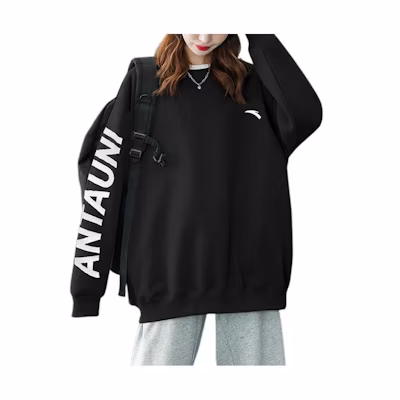 Anta Black Crewneck Sweatshirt with Letter Logo Print Unisex 962038721-1