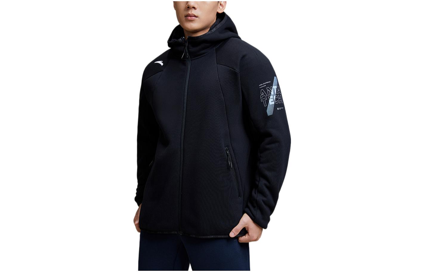 Anta Black Hoodie Jacket with Solid Logo Print and Zipper Design 952247708-3