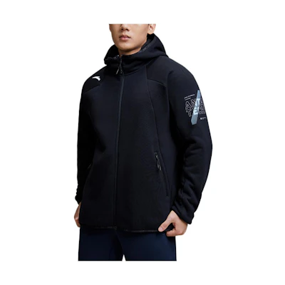 Anta Black Hoodie Jacket with Solid Logo Print and Zipper Design 952247708-3