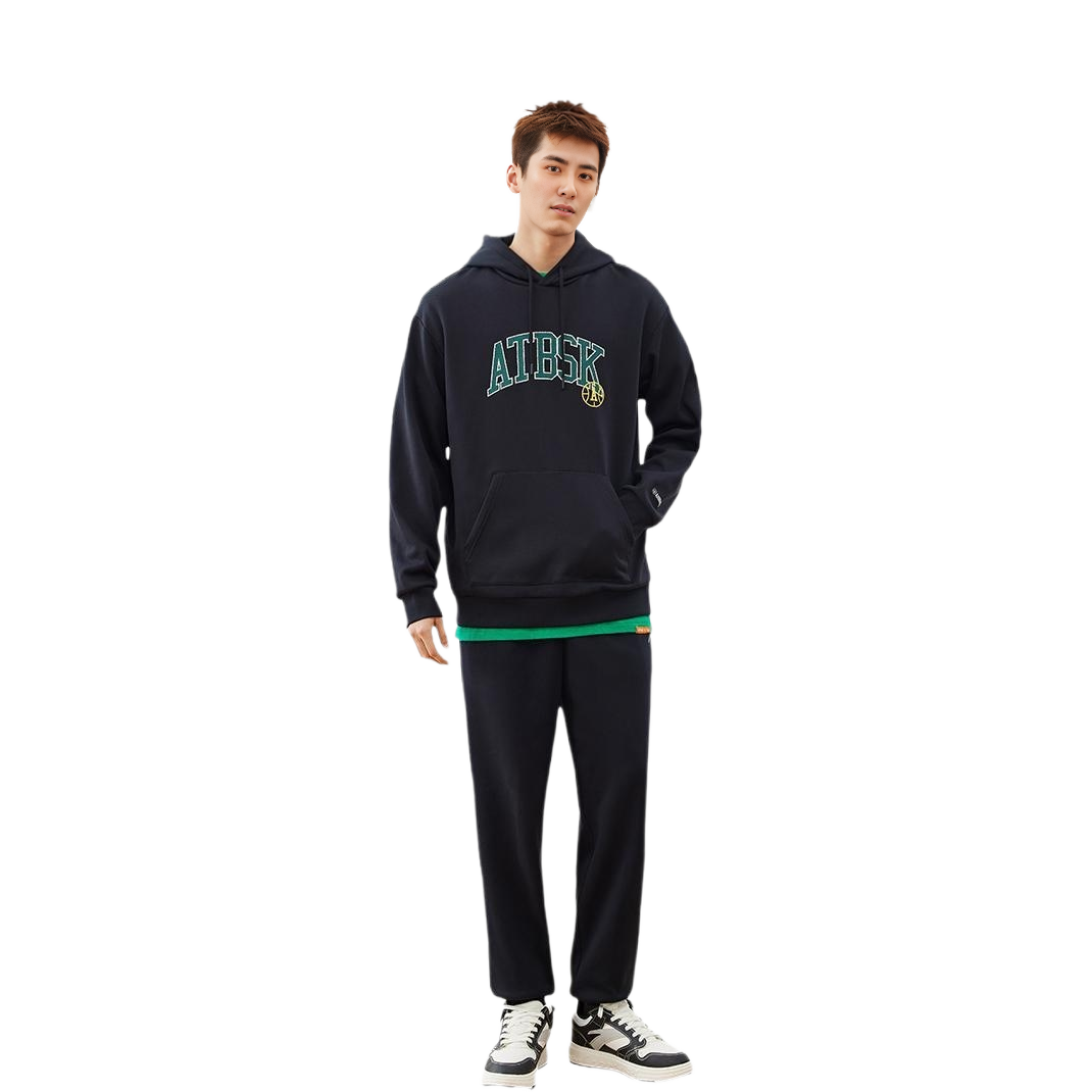 Anta Black Hoodie with Logo Letter Print and Drawstring Design 952241711-4