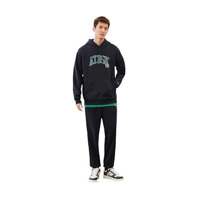 Anta Black Hoodie with Logo Letter Print and Drawstring Design 952241711-4