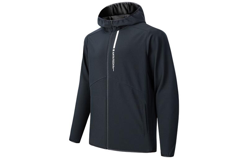 Anta Black Solid Color Letter Print Zip-Up Hooded Jacket 952247611-3