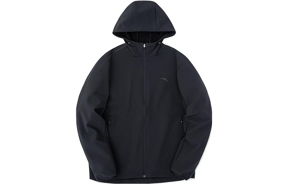 Anta Black Water-Resistant Logo Print Hooded Windbreaker Jacket 952245612-3