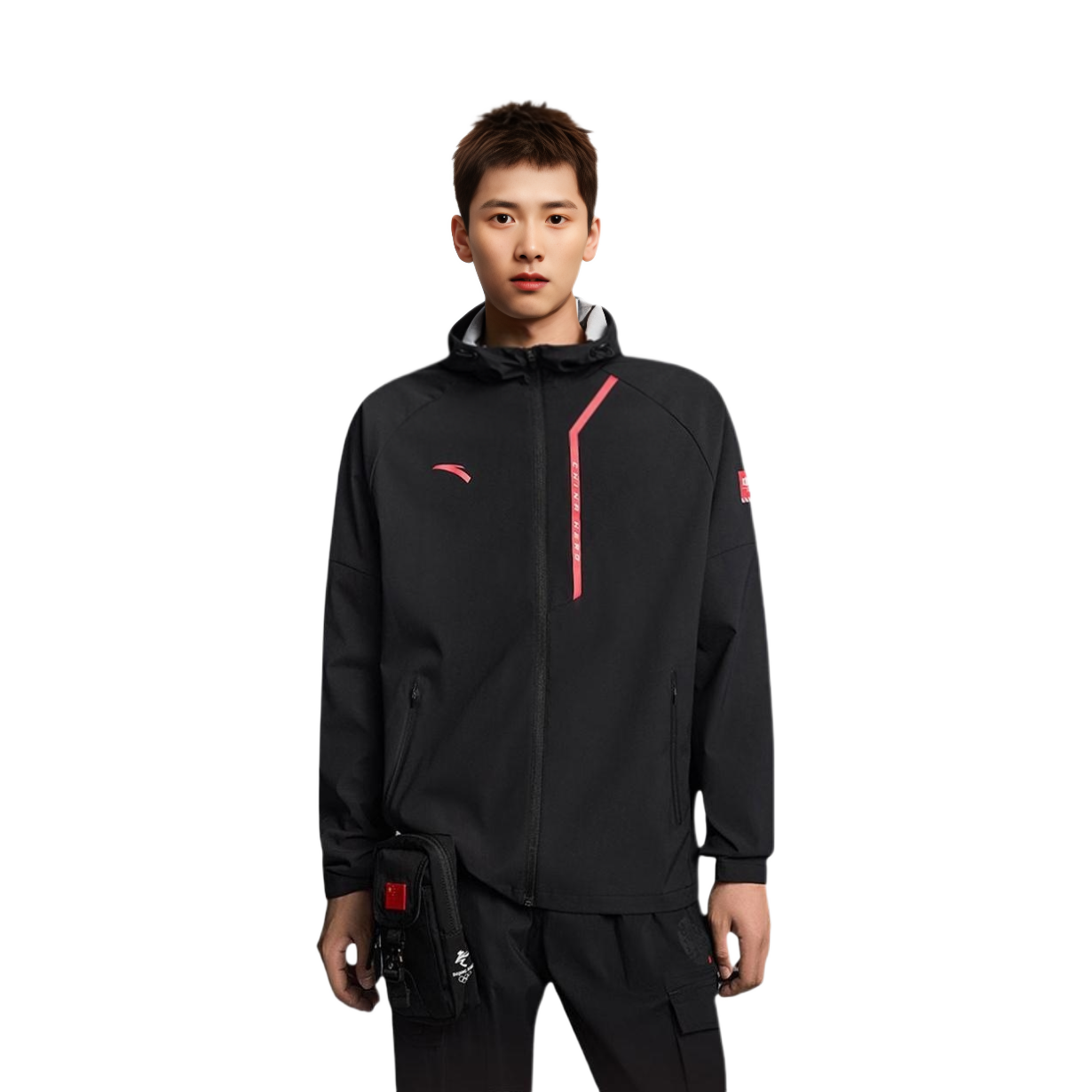 Anta Black Windproof Jacket with Logo Print and Zippered Hood 952237605-3