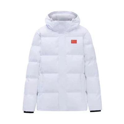 Anta Champion Series Windproof White Hooded Down Jacket with Flag Design. 152350902-2