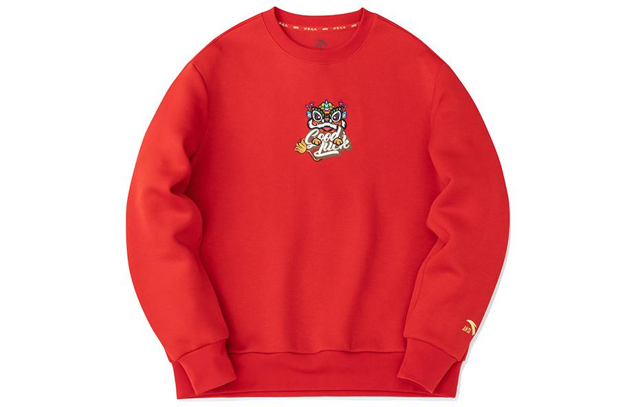 Anta Chinese Lion Graphic Pullover Sweatshirt Red Unisex Couples' Edition 152318716-1