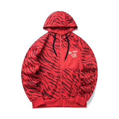 Anta Chinese New Year Tiger Print Knit Hoodie Jacket Men Maple Leaf Red Print 952218708-1