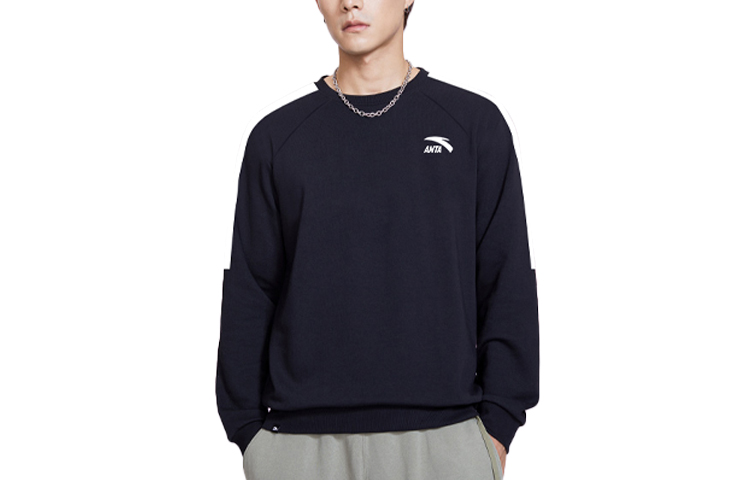 Anta Color-Block Logo Crewneck Loose Pullover Sweatshirt Black 952117724-1