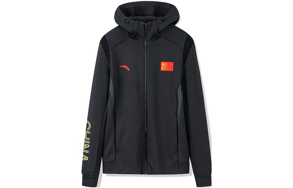 Anta Fitness Series Black Logo Print Flag Graphic Thick Hoodie Jacket 152240716-3