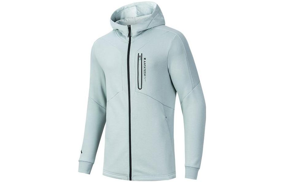 Anta Fleece Lined Zip-Up Hoodie with Logo Print - Gray Mist Blue 952247706-2