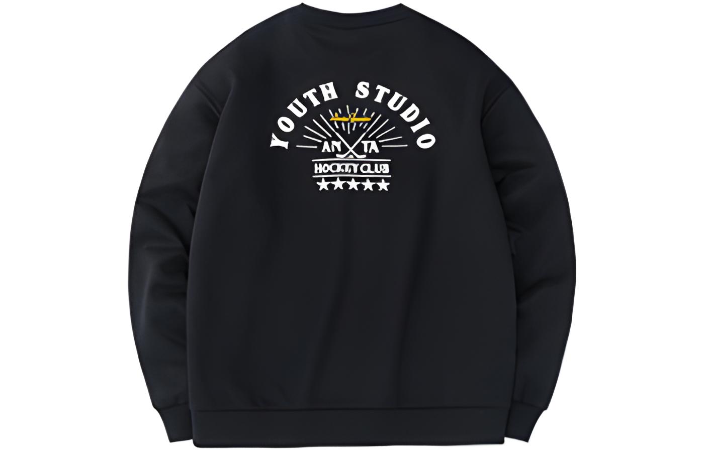 Anta FW22 Basic Black Crewneck Fleece Sweatshirt Unisex with Letter Print Design 952248703-5