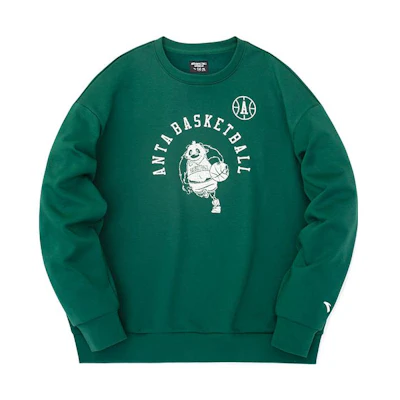 Anta FW22 Cartoon Animal Graphic Crewneck Long Sleeve Sweatshirt Green Mens 952241702-4