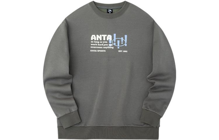 Anta FW22 Letter Print Crewneck Pullover Fleece Sweatshirt Unisex Dark Gray 952238723-1