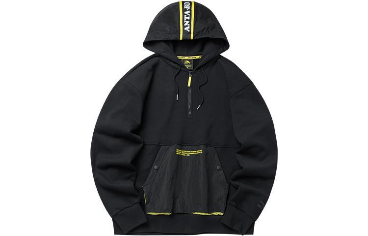 Anta Hoodie Black - Letter Print, Patchwork, Drawstring, Lifestyle Series 152218725-2