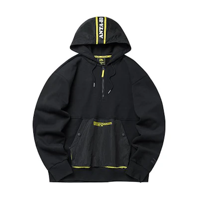 Anta Hoodie Black - Letter Print, Patchwork, Drawstring, Lifestyle Series 152218725-2