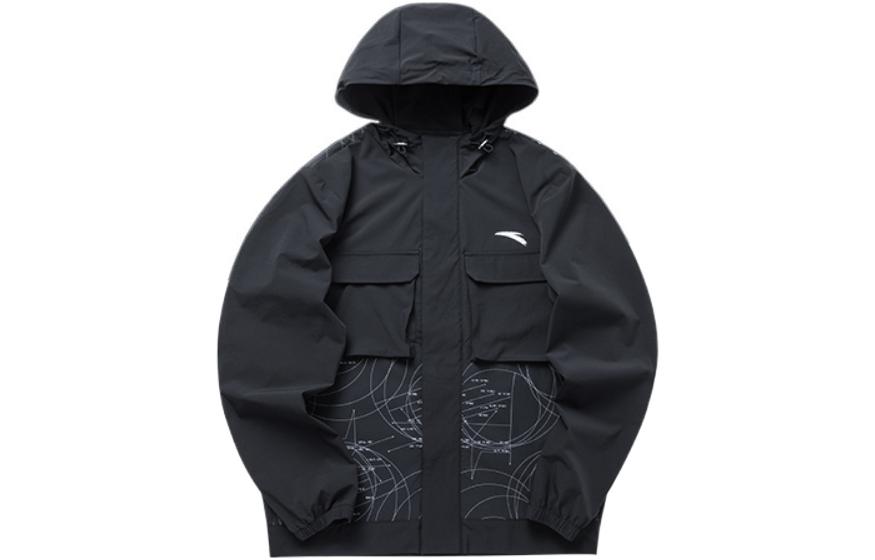 Anta Life Series Black Hooded Woven Jacket with Line Print 152130603-3