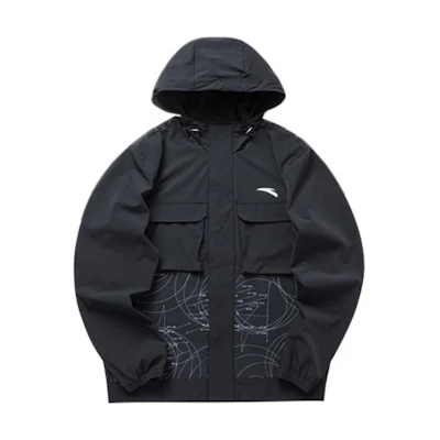 Anta Life Series Black Hooded Woven Jacket with Line Print 152130603-3