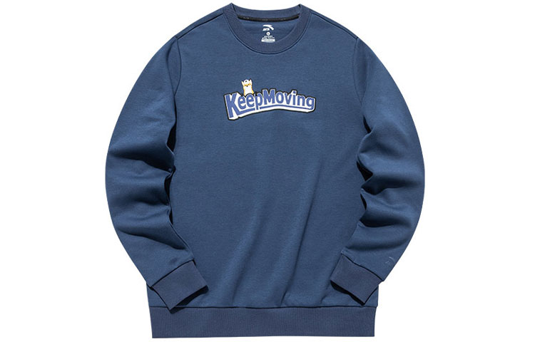Anta Lifestyle Cartoon Embroidered Fleece Crewneck Sweatshirt Winter Unisex Deep Abyss Blue 952148708W-3
