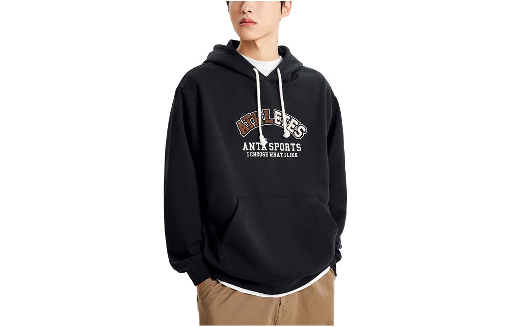 Anta Lifestyle Letter Print Hoodie Unisex Pullover Relaxed Fit Black 952348704-3