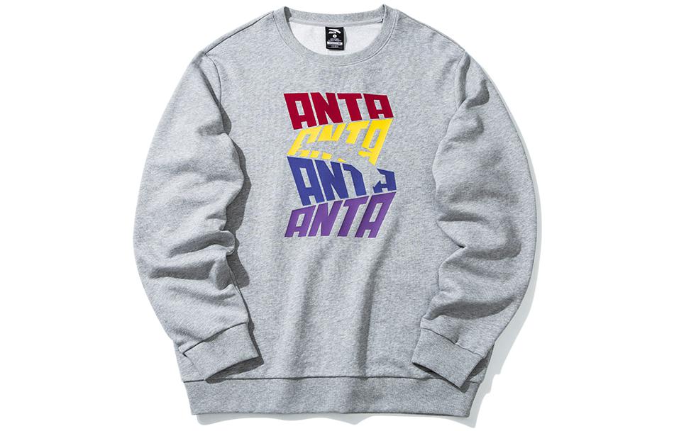 Anta Lifestyle Letter Print Logo Crewneck Pullover Sweatshirt Men’s Grey 952038712-1