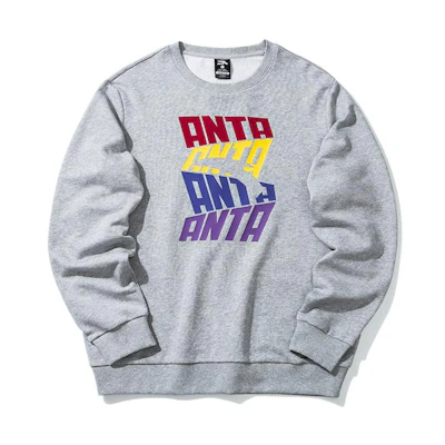 Anta Lifestyle Letter Print Logo Crewneck Pullover Sweatshirt Men’s Grey 952038712-1