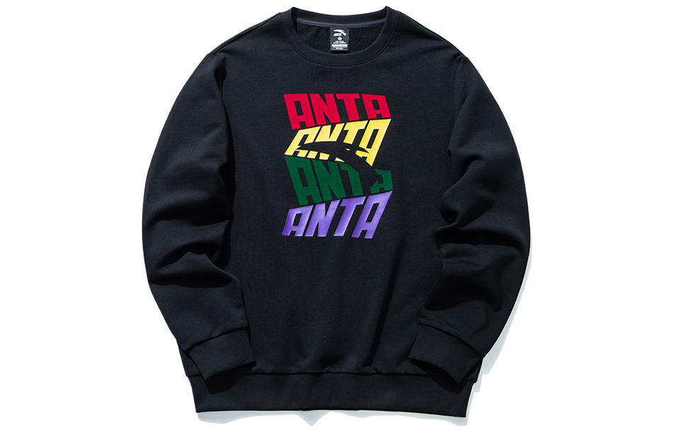 Anta Lifestyle Logo Crewneck Pullover Sweatshirt Black Long Sleeve Casual 952038712-2