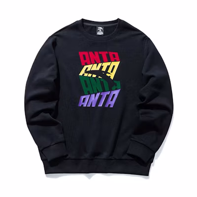 Anta Lifestyle Logo Crewneck Pullover Sweatshirt Black Long Sleeve Casual 952038712-2