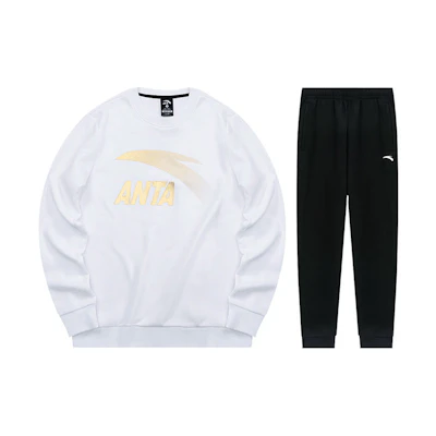 Anta Lifestyle Logo Print Pullover Sweatshirt & Jogger Pants Set White/Black Men 9522187602