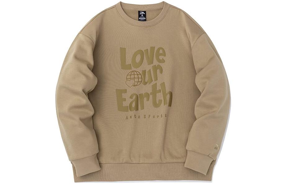 Anta Lifestyle Series Letter Crewneck Fleece Sweatshirt Unisex Light Khaki Brown 952248713-5