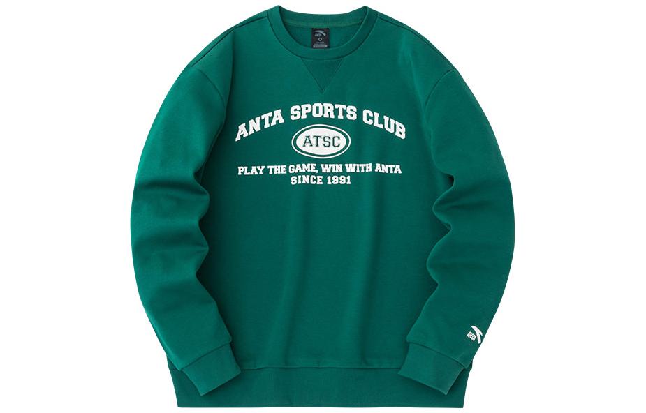 Anta Lifestyle Series Letter Crewneck Pullover Fleece Sweatshirt Forest Green 152348705-2