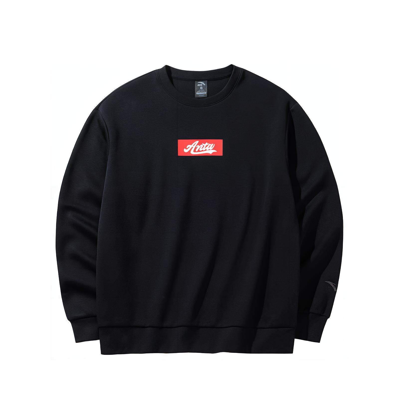 Anta Lifestyle Series Unisex Black Crewneck Sweatshirt with Letter Design 972438702-4