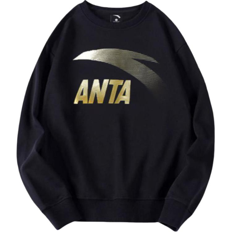 Anta Lifestyle Solid Color Crewneck Pullover Fleece Sweatshirt Men Black Gold 952418719-1