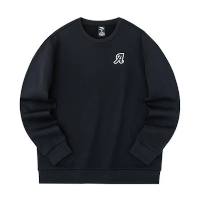 Anta Lifestyle Solid Color Logo Printed Black Crewneck Sweatshirt Unisex 952238721-8