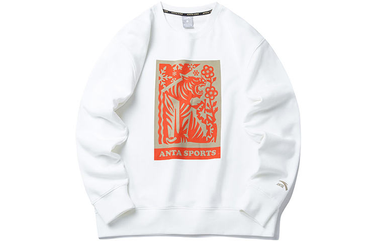 Anta Lifestyle Tiger Graphic White Pullover Sweatshirt Unisex Long Sleeve 152218730-1