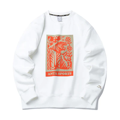 Anta Lifestyle Tiger Graphic White Pullover Sweatshirt Unisex Long Sleeve 152218730-1