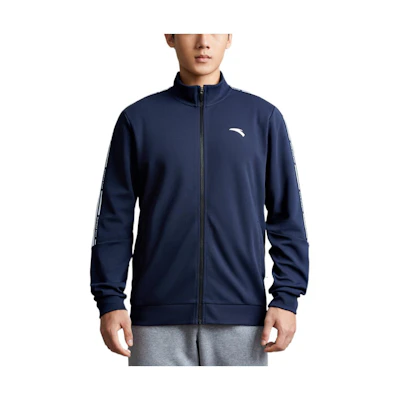 Anta Logo Print Stand Collar Zip Jacket Blue - 152237724-3
