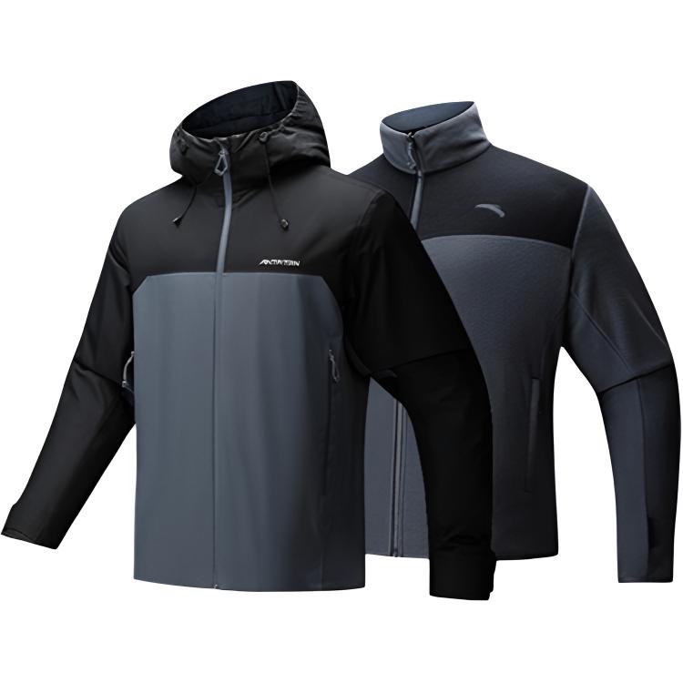 Anta Outdoor 3-in-1 Waterproof Windproof Breathable Jacket - Gray/Black 952447612-4