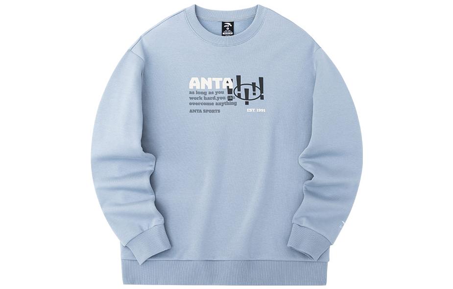 Anta Pullover Letter Print Fleece Sweatshirt Light Blue Unisex Couple Style 952238723-2