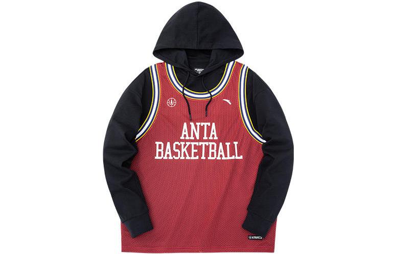 Anta Retro Print Detachable Vest Drawstring Hoodie Black/Red 952241710-3