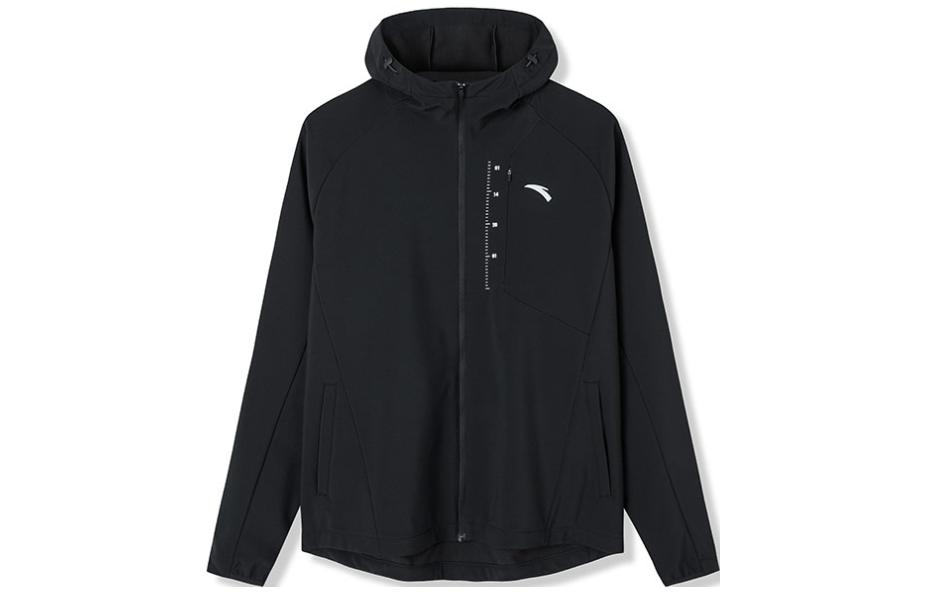 Anta Running Series Black Hooded Zip Jacket with Logo Print 152228603-5