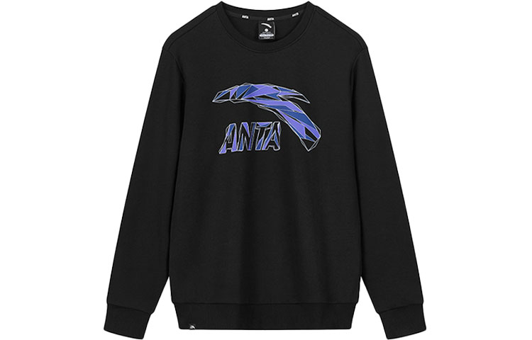 Anta Sports Casual Crewneck Print Pullover Sweatshirt Black Purple - 952138737-9
