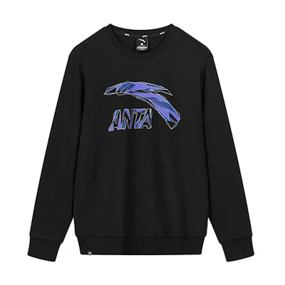 Anta Sports Casual Crewneck Print Pullover Sweatshirt Black Purple - 952138737-9