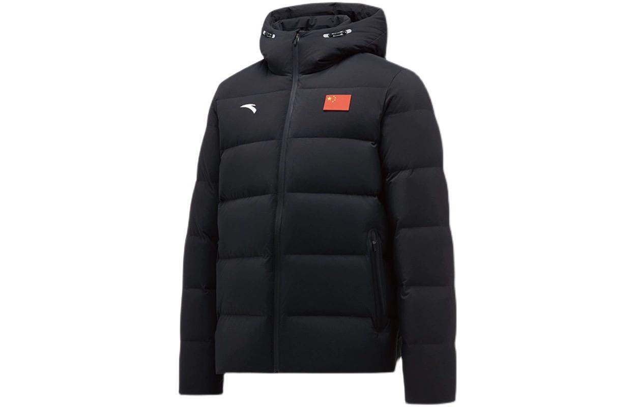 Anta Sports Series Logo Flag Hooded Down Jacket Unisex Black. 462240107-1