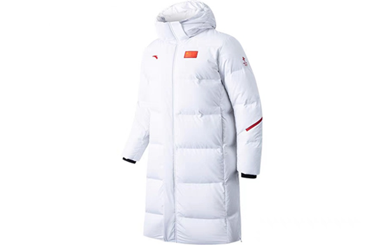 Lookbook 安踏星系列男女旗幟白色冬季連帽長版羽絨外套 152040929-1