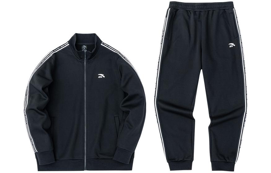 Anta Striped Logo Print Jacket & Joggers Set Black White 952248741-2
