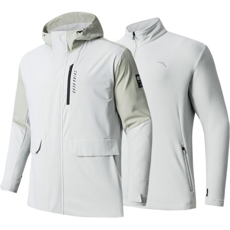 Anta Training Outdoor Series Gray Patchwork Fleece-Lined Hooded Jacket Set 152347612-1