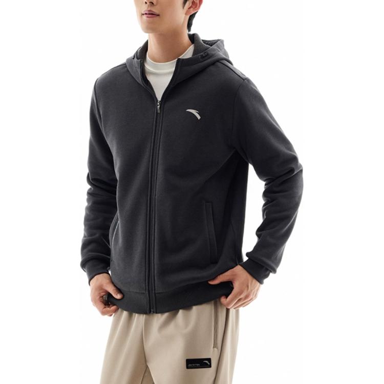 Anta Training Series Fleece Zip Hoodie - Casual & Comfy, Dark Brown Gray 952447710-3