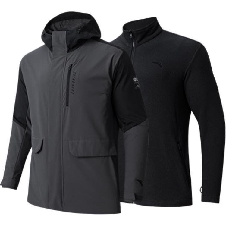 Anta Training Series Hooded Fleece Jacket Set for Men - Smoked Black Gray 152347612-2