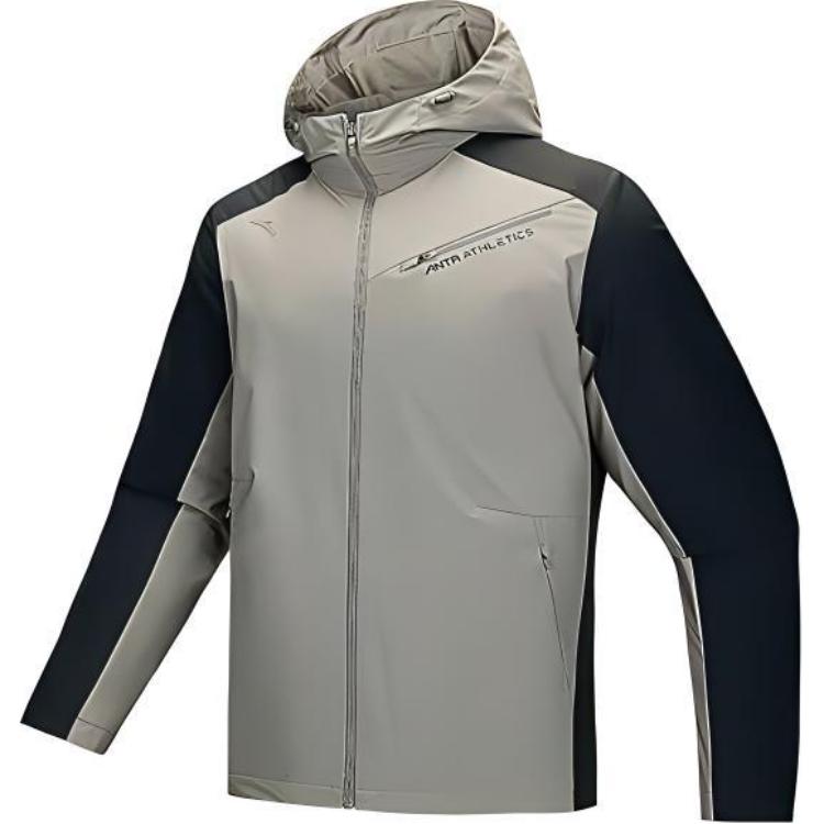 Anta Training Series Woven Letter Hooded Zip Jacket - Khaki/Black 952447604-4