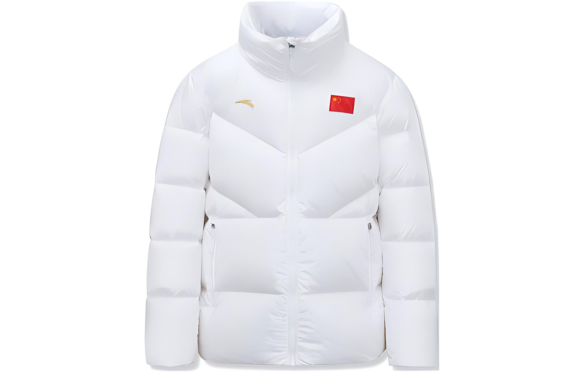 Anta Unisex White Puffer Jacket with Logo Print and National Flag Design. 172240902-2